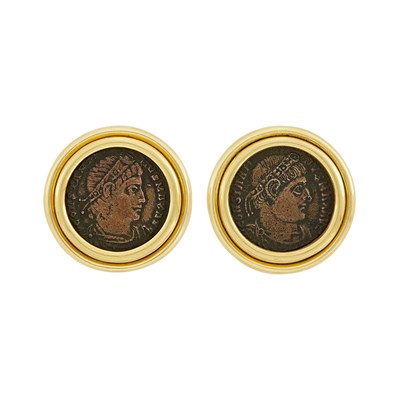 Lot 7 - Pair of Gold and Bronze Coin Earrings, Bulgari