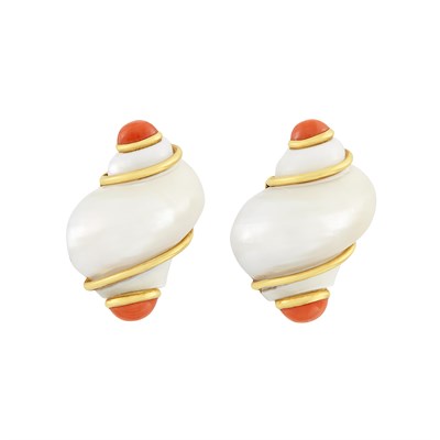 Lot 19 - Pair of Gold, Shell and Coral Earclips, Seaman Schepps