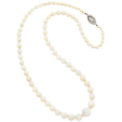 Lot 125 - Long Opal and Rock Crystal Bead Necklace with Platinum and Diamond Filigree Clasp
