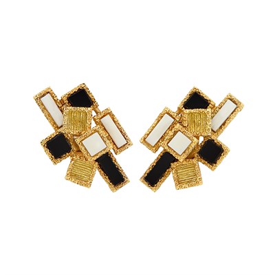 Lot 387 - Pair of Gold and Black and White Onyx Earclips, France