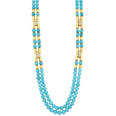Lot 818 - Long Double Strand Turquoise Bead, Gold and Diamond Necklace