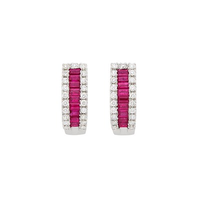 Lot 397 - Pair of White Gold, Ruby and Diamond Half-Hoop Earrings