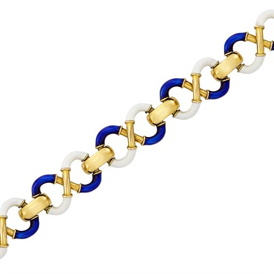 Lot 814 - Gold and Blue and White Enamel Link Bracelet