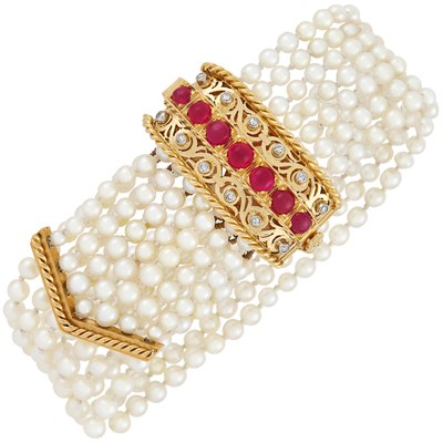 Lot 218 - Seven Strand Cultured Pearl, Gold, Platinum, Cabochon Ruby and Diamond Slide Bracelet, France