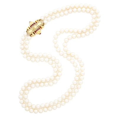 Lot 1290 - Double Strand Freshwater Pearl Necklace with Gold, Ruby, and Diamond Clasp