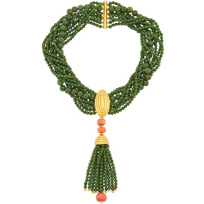 Lot 29 - Nine Strand Nephrite Bead, Hammered Gold and Coral Bead Torsade Tassel Necklace