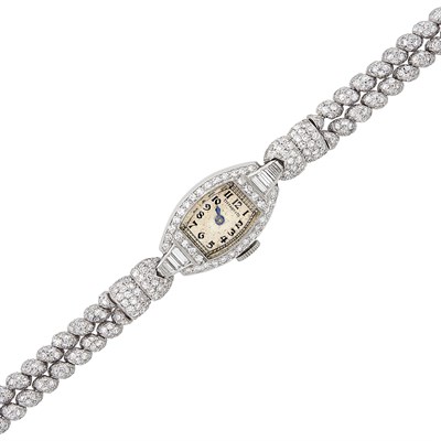 Lot 93 - Double Strand Platinum and Diamond Wristwatch, Hamilton, Retailed by Tiffany & Co.