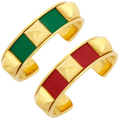 Lot 17 - Pair of Gold-Plated and Red and Green Leather Stud 'Medor' Cuff Bangle Bracelets, Hermès