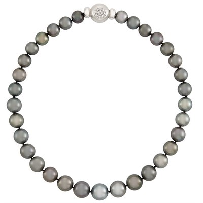Lot 62 - Tahitian Gray Cultured Pearl Necklace with White Gold and Diamond Ball Clasp