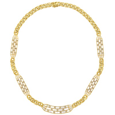Lot 43 - Gold, Mother-of-Pearl and Diamond Curb Link Chain Necklace