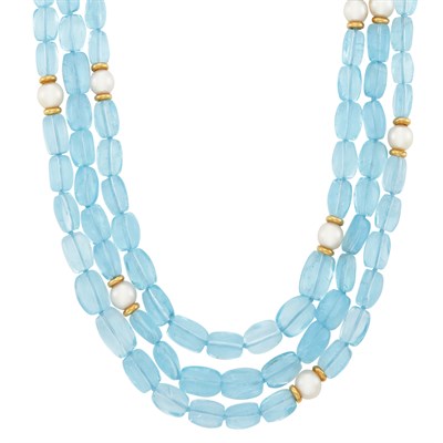 Lot 311 - Long Triple Strand Aquamarine Bead, Gold and Cultured Pearl Necklace