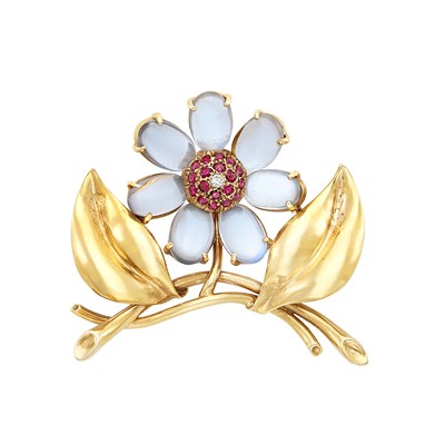 Lot 513 - Gold, Moonstone, Ruby and Diamond Flower Brooch, Tiffany & Co.