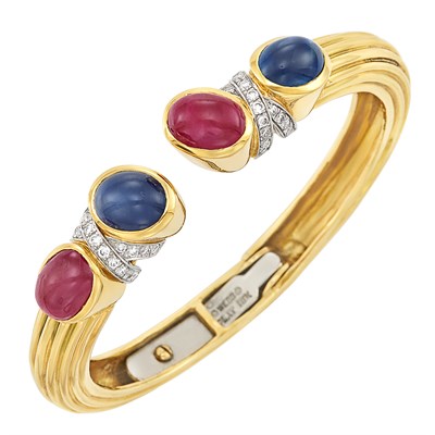 Lot 122 - Gold, Platinum, Cabochon Ruby and Sapphire and Diamond Bangle Bracelet, David Webb