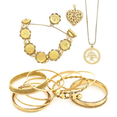 Lot 1543 - Group of Gold and High Karat Gold Bangles, Bracelets, Pendants and Chain