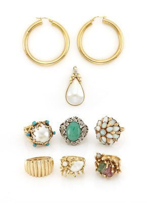 Lot 1680 - Group of Gold and Gem-Set Rings, Pendant and Pair of Gold Hoops
