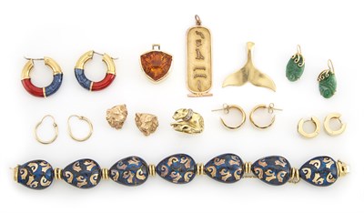 Lot 1683 - Group of Gold, Silver and Gem-Set Animal and Egyptian Motif Pendants, Bracelet, Ring, Studs and Four Pairs of Hoops