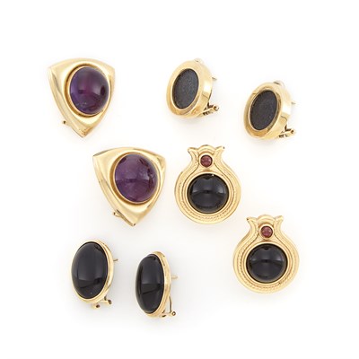 Lot 1355 - Four Pairs of Gold, Cabochon Amethyst, Black Onyx and Coin Earrings