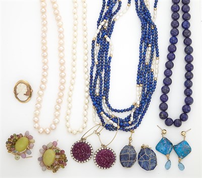 Lot 1679 - Group of Lapis, Cultured and Freshwater Bead Necklaces and Costume Jewelry Earrings and Brooch