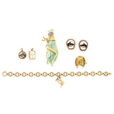 Lot 1474 - Group of Gold, Metal, Essex Crystal and Gem-Set Equestrian and Insect Brooch, Pendants, Bracelet and Ring