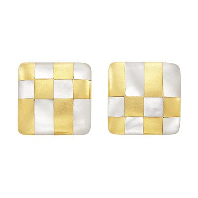 Lot 396 - Pair of Gold and Mother-of-Pearl 'Checkerboard' Earrings, Tiffany & Co.