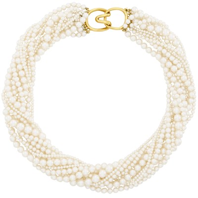 Lot 6 - Eleven Strand Cultured Pearl Torsade Necklace with Gold Clasp, Tiffany & Co.