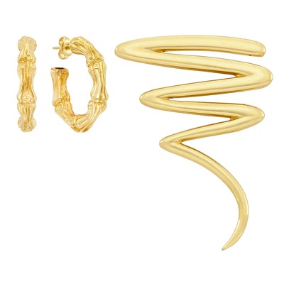 Lot 473 - Gold 'Zig-Zag' Brooch, Tiffany & Co., Paloma Picasso, and Pair of Bamboo Hoop Earrings, Tiffany & Co.