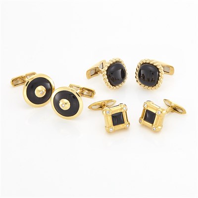 Lot 1558 - Three Pairs of Gold, Black Onyx and Diamond Cufflinks