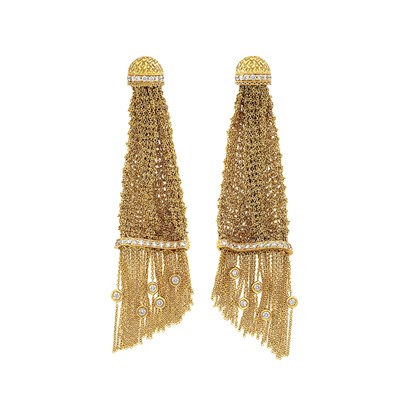 Lot 388 - Pair of Gold and Diamond Mesh 'Delilah' Pendant-Earrings, Boucheron, France