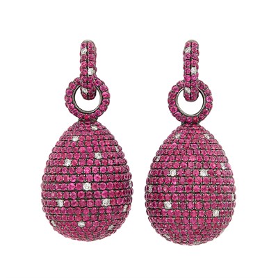 Lot 430 - Pair of Blackened Gold, Ruby and Diamond Pendant-Earrings
