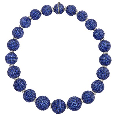 Lot 81 - Blackened Gold, White Gold, Sapphire and Diamond Bead Necklace