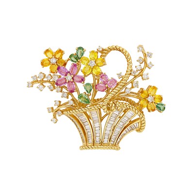 Lot 325 - Gold, Multicolored Sapphire and Diamond Brooch
