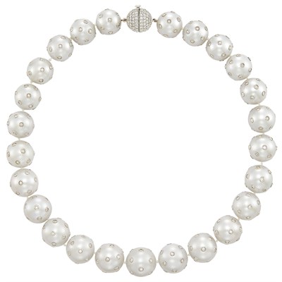 Lot 96 - White Gold, South Sea Cultured Pearl and Diamond Necklace