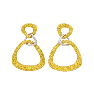Lot 265 - Pair of Two-Color Gold and Yellow Diamond Pendant-Earrings