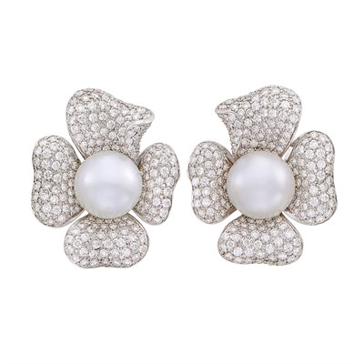 Lot 88 - Pair of White Gold, South Sea Cultured Pearl and Diamond Flower Earclips