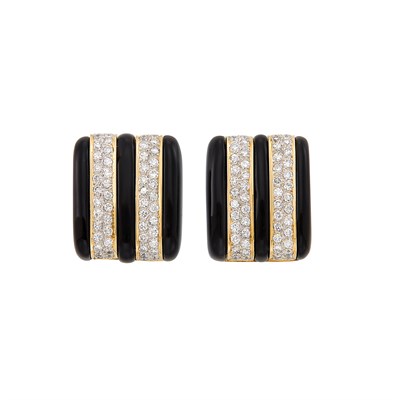 Lot 574 - Pair of Two-Color Gold, Black Onyx and Diamond Earrings