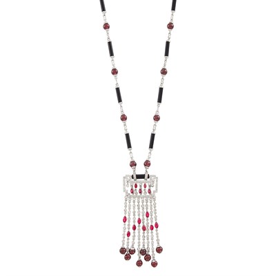 Lot 56 - White Gold, Black Onyx and Garnet Bead, Ruby and Diamond Pendant-Necklace