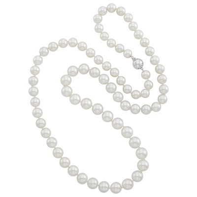 Lot 269 - Long South Sea Cultured  Cultured Pearl Necklace with White Gold and Diamond Ball Clasp