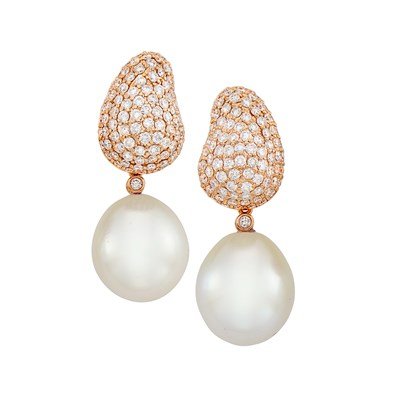 Lot 652 - Pair of Rose Gold, Diamond and South Sea Cultured Pearl Pendant-Earrings