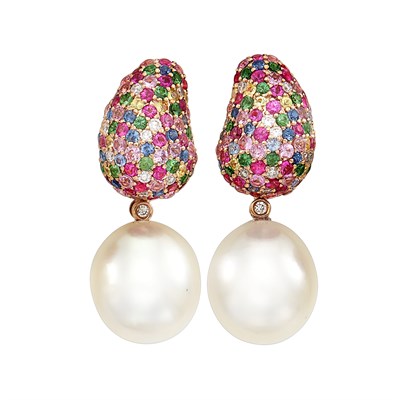 Lot 613 - Pair of Rose Gold, Multicolored Sapphire, Diamond and South Sea Cultured Pearl Earrings