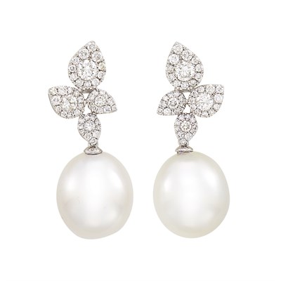 Lot 403 - Pair of White Gold, South Sea Cultured Pearl and Diamond Pendant-Earrings