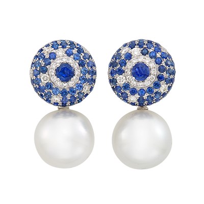 Lot 408 - Pair of White Gold, South Sea Cultured Pearl, Sapphire and Diamond Pendant-Earrings