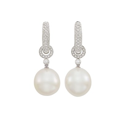 Lot 67 - Pair of White Gold, South Sea Cultured Pearl and Diamond Pendant-Earrings