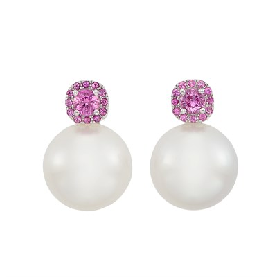 Lot 621 - Pair of White Gold, South Sea Cultured Pearl and Pink Sapphire Earrings