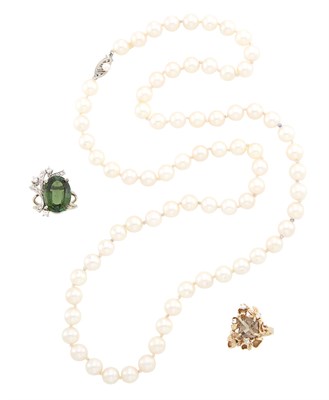 Lot 1464 - Two Gold, Green Tourmaline, Smoky Quartz and Diamond Rings and Cultured Pearls