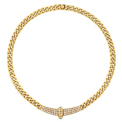Lot 365 - Gold, Diamond and Cabochon Emerald Curb Link Necklace