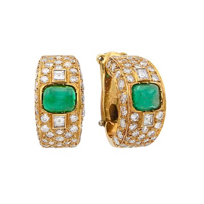 Lot 590 - Pair of Gold, Cabochon Emerald and Diamond Half-Hoop Earclips