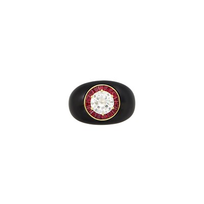 Lot 506 - Gold, Diamond, Ruby and Black Onyx Ring