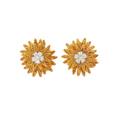 Lot 152 - Pair of Gold and Diamond Flower Earclips, Tiffany & Co.