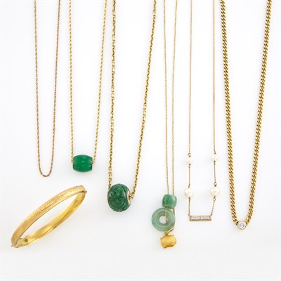 Lot 1341 - Six Gold, Jade, Pearl and Diamond Chain Necklaces and Bangle Bracelet
