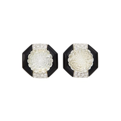 Lot 65 - Pair of Two-Color Gold, Carved Rock Crystal, Diamond and Black Onyx Earclips